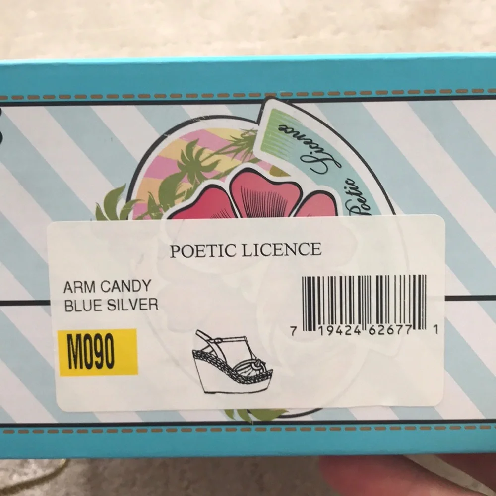 NWT Poetic Licence Arm Candy blue silver wedges